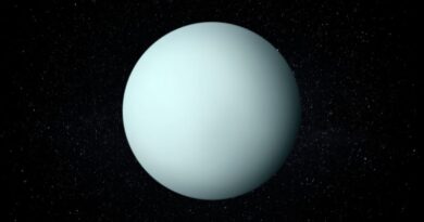 De bleekblauwe planeet Uranus met zijn kenmerkende gladde oppervlak tegen een donkere sterrenhemel, symbool voor vernieuwing en rebellie.