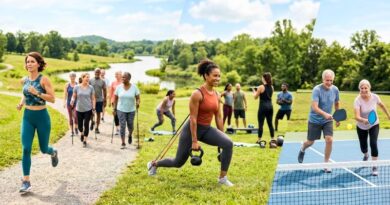 Een collage van verschillende sportactiviteiten in de buitenlucht: een vrouw die hardloopt, een groep senioren die wandelt, een vrouw met kettlebells en een ouder stel dat pickleball speelt, wat de voordelen van variatie in training voor een langer leven illustreert.