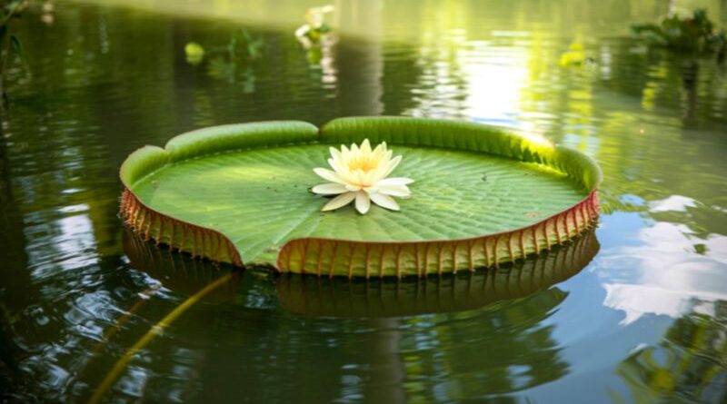 A serene white lotus flower blooming on a large green lily pad in calm water, symbolizing emotional alignment and the vibratory scale of feelings.