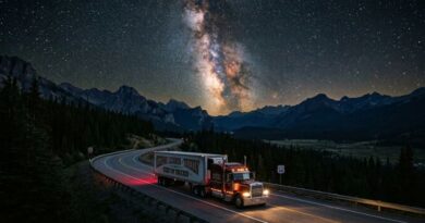 Een klassieke Amerikaanse vrachtwagen rijdt over een slingerende bergweg onder een heldere sterrenhemel met de Melkweg, symbool voor een spirituele reis.