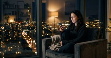 Een jonge vrouw kijkt 's nachts peinzend op haar smartphone in een sfeervolle woonkamer, wachtend op een bericht van een onbereikbare liefde.