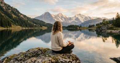 A woman sitting on a rock by a calm mountain lake, reflecting and writing in a journal, representing self-introspection and mental clarity.