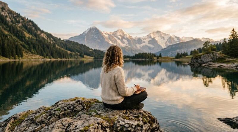 A woman sitting on a rock by a calm mountain lake, reflecting and writing in a journal, representing self-introspection and mental clarity.