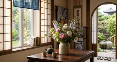 A vibrant bouquet of pink and white flowers in a ceramic vase on a wooden table within a traditional Japanese interior featuring shoji screens and a zen garden view.