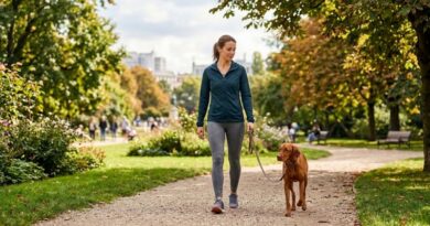A serene woman and her Vizsla dog practicing mindful dog walking on a tree-lined path in an urban park, embodying 'mutt meditation' for stress relief.
