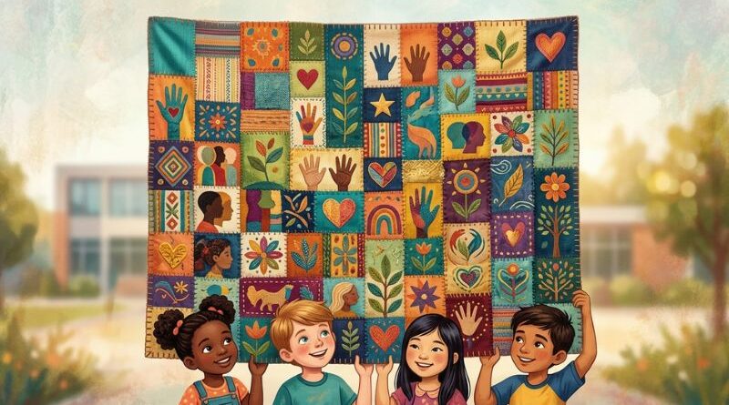 Een kleurrijke quilt met diverse patronen en symbolen, omhooggehouden door vier lachende kinderen voor een schoolgebouw, als symbool voor inclusiviteit en het vieren van verschillen.