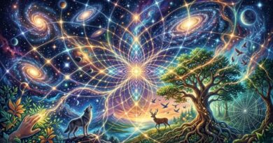 Interconnected universe of cosmic memory and natural interbeing, linking wildlife, landscapes, and stars.