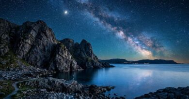 Een mystiek natuurlandschap bij nacht met een heldere Melkweg-sterrenhemel, weerspiegelend in kalm water naast robuuste rotsformaties.
