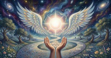Een spirituele illustratie van een verlicht pad in een kosmisch landschap met sterrenstelsels en bomen. In het midden rijst een stralend licht op, omringd door gouden engelenvleugels. Op de voorgrond houden twee handen een groep engelgetallen (zoals 111, 222, 333, 444, 999) vast, en op het geometrische pad zelf zijn herhalende getallenreeksen zichtbaar. Het symboliseert de boodschap en bescherming van engelen en het universum.