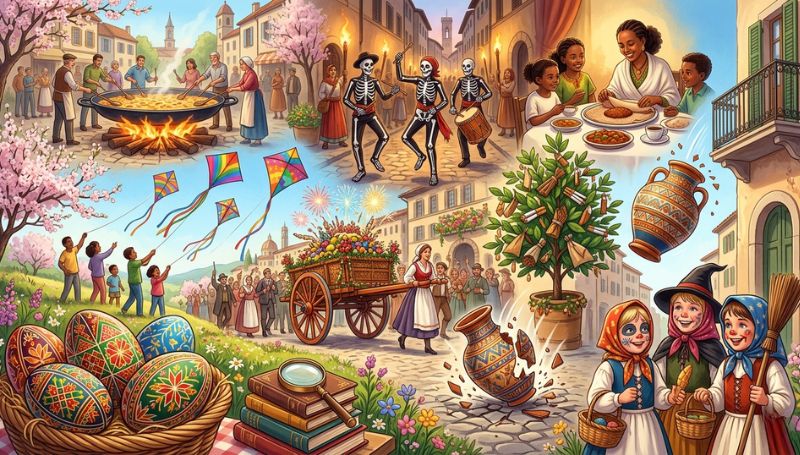 Kleurrijke collage van tien unieke paastradities wereldwijd, waaronder vliegers uit Bermuda, de dodendans uit Spanje, de reuzenomelet uit Frankrijk en Oekraïense paaseieren