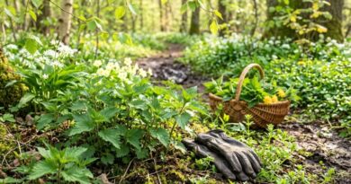 Verse groene brandnetels in een zonnig voorjaarsbos met een mandje vol kruiden en plukhandschoenen op de voorgrond.