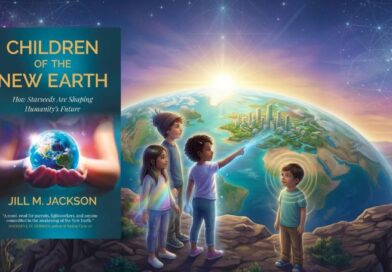 A group of diverse starseed children standing on a cliffside looking at a glowing earth under a starry sky, representing spiritual evolution and the new earth.