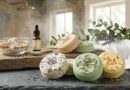 Handcrafted aromatherapy shower steamers with dried lavender and eucalyptus leaves on a slate board in a spa-like bathroom setting.