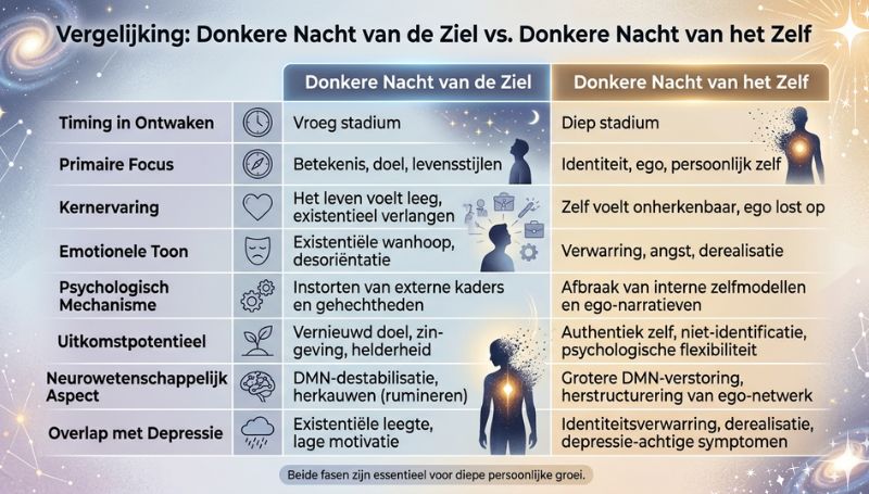  Infographic die de verschillen uitlegt tussen de Donkere Nacht van de Ziel en de Donkere Nacht van het Zelf, inclusief aspecten als timing, psychologische mechanismen en neurowetenschappelijke kenmerken tijdens het ontwakingsproces.