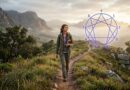 A solitary woman in hiking gear walks a winding mountain trail, guided by a glowing indigo Enneagram symbol with all nine personality points visible.