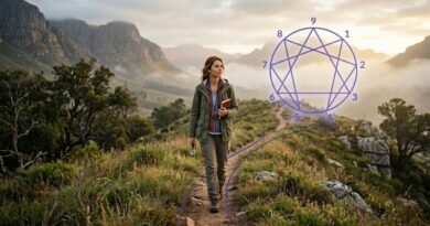 A solitary woman in hiking gear walks a winding mountain trail, guided by a glowing indigo Enneagram symbol with all nine personality points visible.
