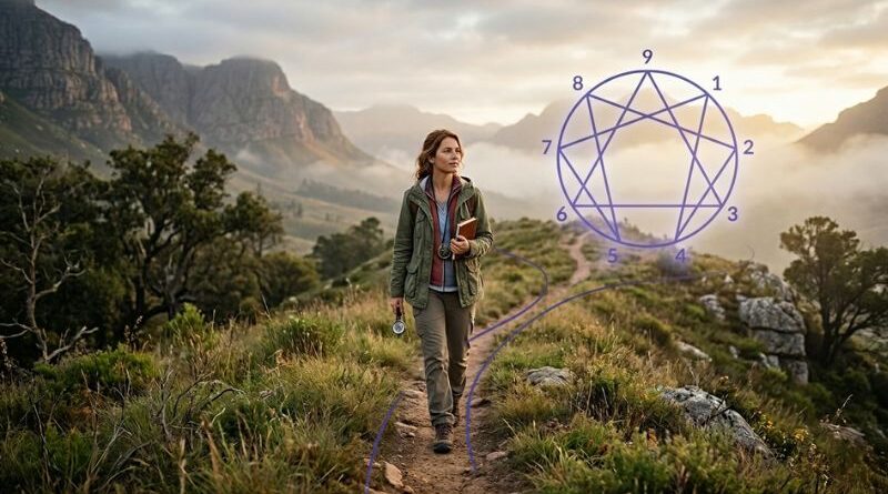 A solitary woman in hiking gear walks a winding mountain trail, guided by a glowing indigo Enneagram symbol with all nine personality points visible.
