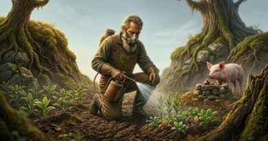 "Artistieke weergave van een boer met beschermend masker die glyfosaat spuit op gewassen, met een jong biggetje op de achtergrond; symboliseert de impact van pesticiden op landbouw en dierenwelzijn."