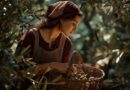 A young woman in traditional rustic clothing harvesting fresh green olives into a wicker basket in a sun-drenched olive grove.