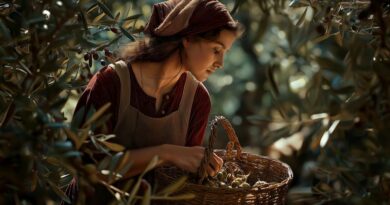 A young woman in traditional rustic clothing harvesting fresh green olives into a wicker basket in a sun-drenched olive grove.