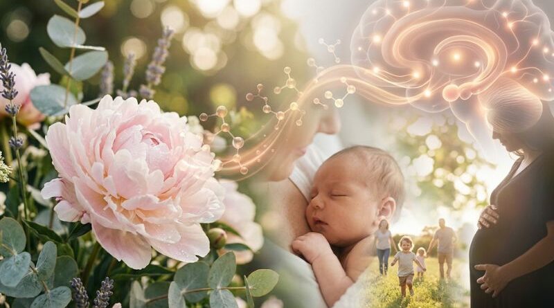 Visual representation of how the human sense of smell works, showing a connection between flowers, swirling molecular structures, a brain illustration with neural pathways, and faint background images of a baby, family, and a pregnant woman.