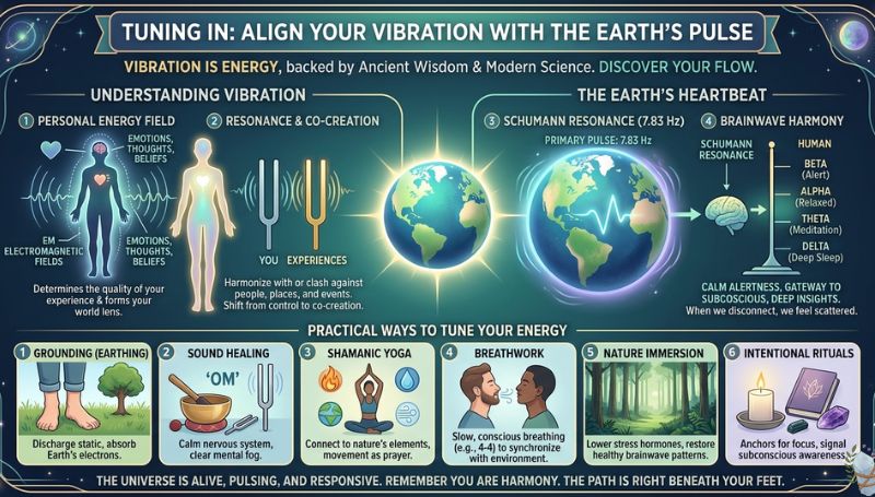  A comprehensive infographic from Global Heart titled 'Tuning In: Align Your Vibration with the Earth’s Pulse.' The visual explains the connection between the 7.83 Hz Schumann Resonance and human brainwaves (Alpha and Theta), alongside six practical energy tuning methods: grounding, sound healing, shamanic yoga, breathwork, nature immersion, and intentional rituals.