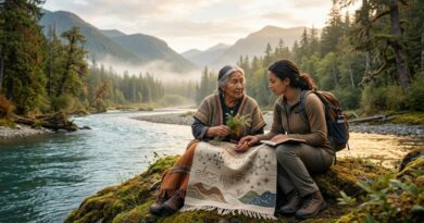 An elderly Indigenous woman and a young Western scientist sharing ecological knowledge by a misty river in a wild forest.