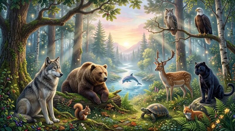 Een magische verzameling krachtdieren in een mystiek bos bij zonsondergang, met onder andere een wolf, beer, hert, zwarte panter, uil, arend en een dolfijn in een rivier.