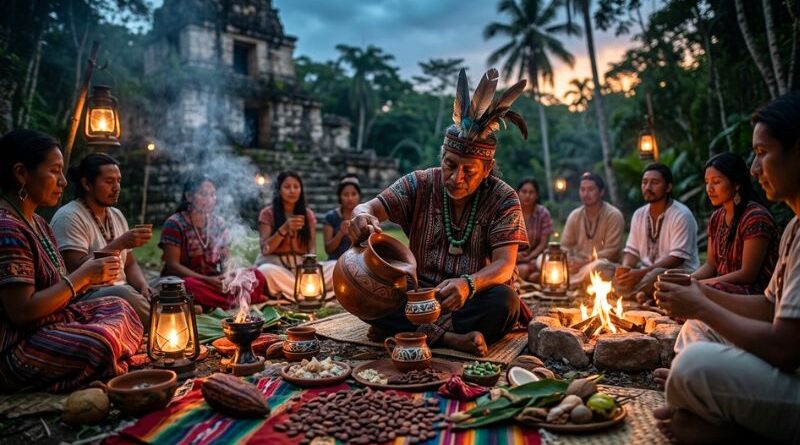 Indigenous Mayan elder pouring ceremonial cacao drink for participants during a spiritual healing ritual at dusk in a jungle clearing with ancient temple ruins in the background.
