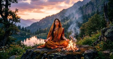 Een serene vrouw in traditionele Indiase kleding mediteert in een berglandschap bij zonsondergang, met een offervuur in de buurt. De afbeelding symboliseert de godin Sati en de kracht van het terugtrekken van energie.