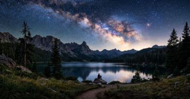 Een adembenemende foto van de Melkweg die zich uitstrekt over een vredig landschap. Deze rechthoekige afbeelding is perfect voor natuurliefhebbers en spirituele groei. Ontdek de schoonheid van het universum met Global Heart.