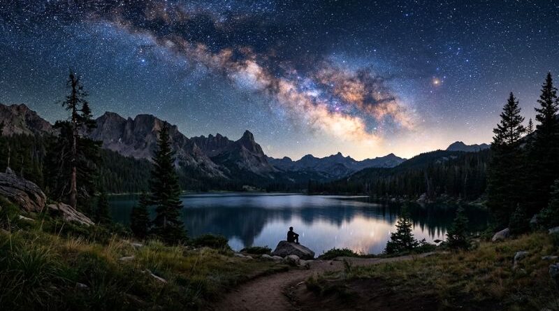 Een adembenemende foto van de Melkweg die zich uitstrekt over een vredig landschap. Deze rechthoekige afbeelding is perfect voor natuurliefhebbers en spirituele groei. Ontdek de schoonheid van het universum met Global Heart.