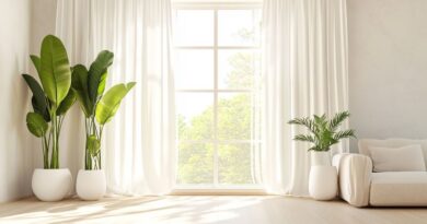 a bright and airy minimalist living room featuring large indoor plants, white curtains, and sunlight streaming through a window, representing a calm and intentional lifestyle.