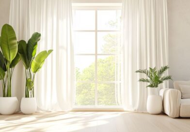 a bright and airy minimalist living room featuring large indoor plants, white curtains, and sunlight streaming through a window, representing a calm and intentional lifestyle.