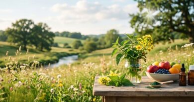 Een houten tafel in een zonnig landschap met natuurlijke antihistaminica zoals brandnetel, vers fruit, spirulina poeder en supplementen in druppelflesjes.
