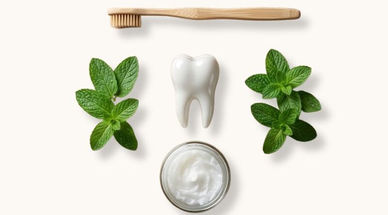 Flat lay compositie van een witte gezonde tand omringd door een bamboe tandenborstel, verse muntblaadjes en een potje kokosolie voor oil pulling op een witte achtergrond.