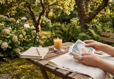 A person’s hands holding an oracle card deck with an owl illustration during a spiritual ritual on a wooden garden table, featuring a burning candle, crystals, and a journal in a lush green setting.