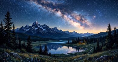 Een adembenemend nachtlandschap met een heldere Melkweg boven besneeuwde bergen, weerspiegeld in een kalm meer met een klein verlicht huisje in het bos.