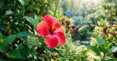 A vibrant red hibiscus flower in full bloom with a hummingbird hovering nearby in a lush tropical garden.