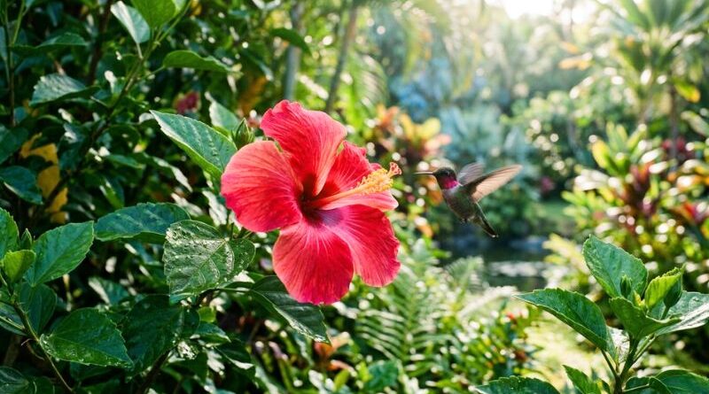 A vibrant red hibiscus flower in full bloom with a hummingbird hovering nearby in a lush tropical garden.