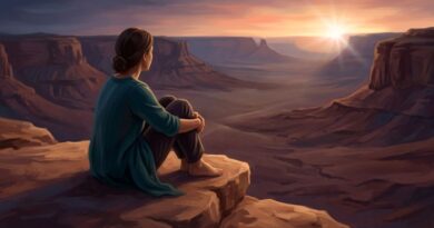 A solitary person sitting on a canyon ledge looking at a distant glowing horizon, representing solitude and hope during spiritual awakening.