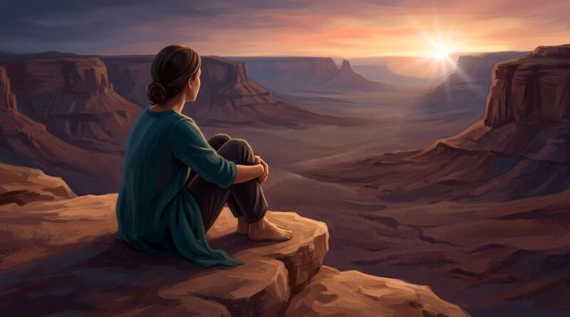 A solitary person sitting on a canyon ledge looking at a distant glowing horizon, representing solitude and hope during spiritual awakening.
