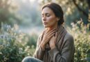 Vrouw met gesloten ogen in de natuur houdt teder haar keel vast als symbool voor de spirituele betekenis van laryngitis en het keelchakra