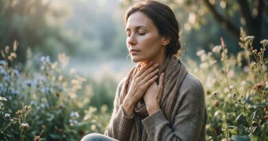 Vrouw met gesloten ogen in de natuur houdt teder haar keel vast als symbool voor de spirituele betekenis van laryngitis en het keelchakra
