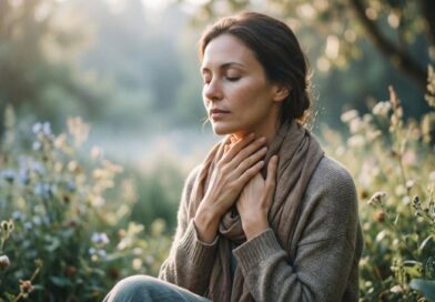 Vrouw met gesloten ogen in de natuur houdt teder haar keel vast als symbool voor de spirituele betekenis van laryngitis en het keelchakra