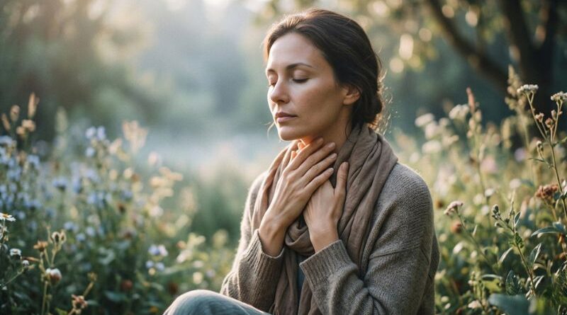 Vrouw met gesloten ogen in de natuur houdt teder haar keel vast als symbool voor de spirituele betekenis van laryngitis en het keelchakra