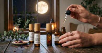 Hand die etherische olie druppelt in een glazen rollerflesje op een houten tafel, met op de achtergrond een volle maan door het raam