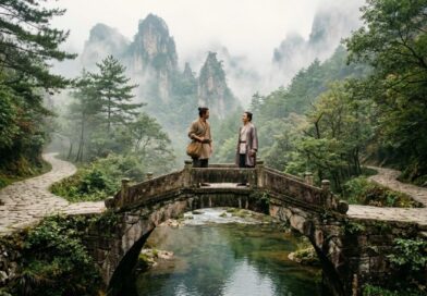 Een serene ontmoeting tussen twee reizigers op een oude stenen brug boven een rivier, omringd door mistige bergen en groene natuur, symboliseert het Chinese concept Yuanfen en voorbestemde connecties.