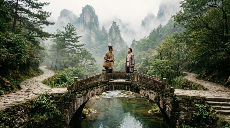 Een serene ontmoeting tussen twee reizigers op een oude stenen brug boven een rivier, omringd door mistige bergen en groene natuur, symboliseert het Chinese concept Yuanfen en voorbestemde connecties.