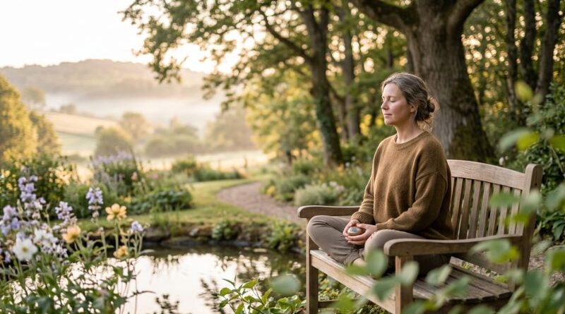 Een vrouw in een bruine trui mediteert in een rustgevende tuin bij een vijver om compassiemoeheid te overwinnen.